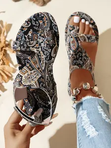 Boho Cashew-Flower Open-Toe Sandals, Beach Slide Sandals, Bohemian Sandals, Stylish Comfortable Footwear for Summer Vacation