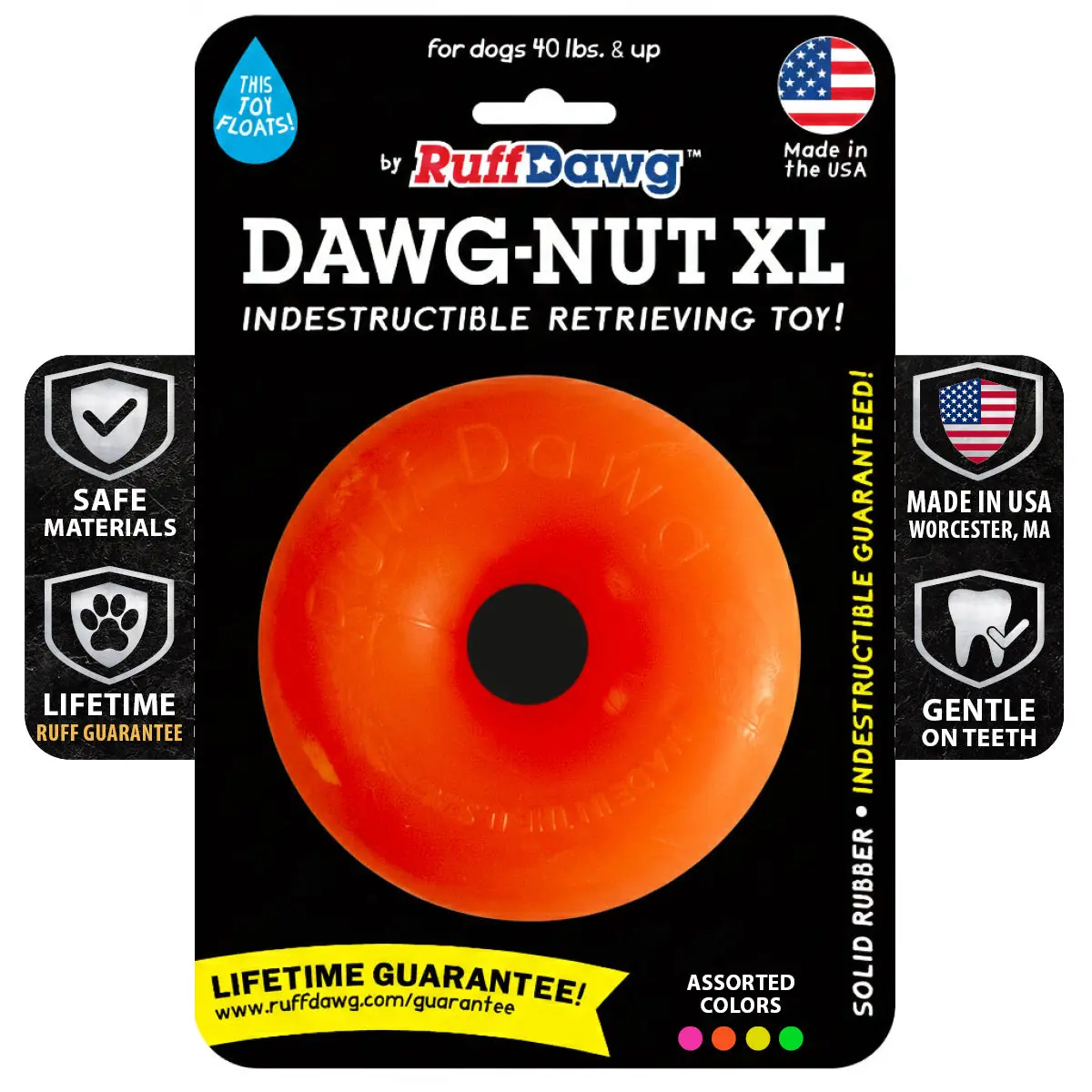 Ruff Dawg Indestructible Dawg-Nut Dog Toy - Donut-Shaped Chew Toy with Crazy-Bounce, Made in USA, 3.5" & 4.5" Sizes, Neon Colors, Dishwasher Safe