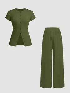 Women's Basic Solid Color Fitted Knit Button Front Sleeve Top & Wide Leg Pants, Casual Two-piece Set for Daily Wear, Ladies Clothes Womenswear for All Seasons
