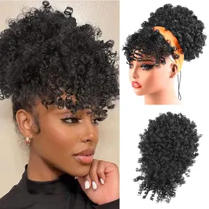 Drawstring Ponytail for Black Women, Afro Puff Kinky Curly Hair Ponytail Extension with Bangs Updo  Hair Ponytail