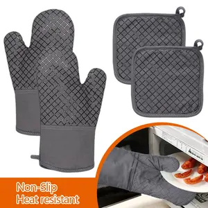 4 Pcs Oven Mitts and Pot Holders,500°F High Heat Resistant Kitchen Oven Mitts with Pot holders,Long Oven Mitts with Recycled Cotton Infill and Silicone Non-Slip Surface for Baking and Cooking(Grey) Bakeware Glove