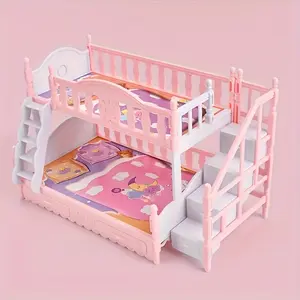 Large Kids Pretend Play Bed Assembly, Twin Layer Princess Bed for Girls, Bedroom Decor Dollhouse Furniture, Baby Crib Toy, Toddler Bed