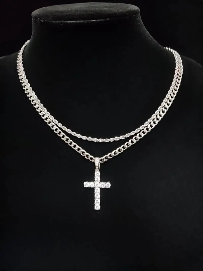 Hip Hop Twist Chain Necklace & Rhinestone Cross Pendant Necklace for Daily Decoration, Stainless Steel Jewelry for Men & Women, Classic Jewelry for Gift, Statement Religious Necklace
