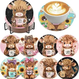 8 Piece Diamond Painting Coaster Set with Cow Pattern and Stand, DIY Craft Kit for Beginners, Decorative Gift Idea for Home Decor, Diamond Painting Kits