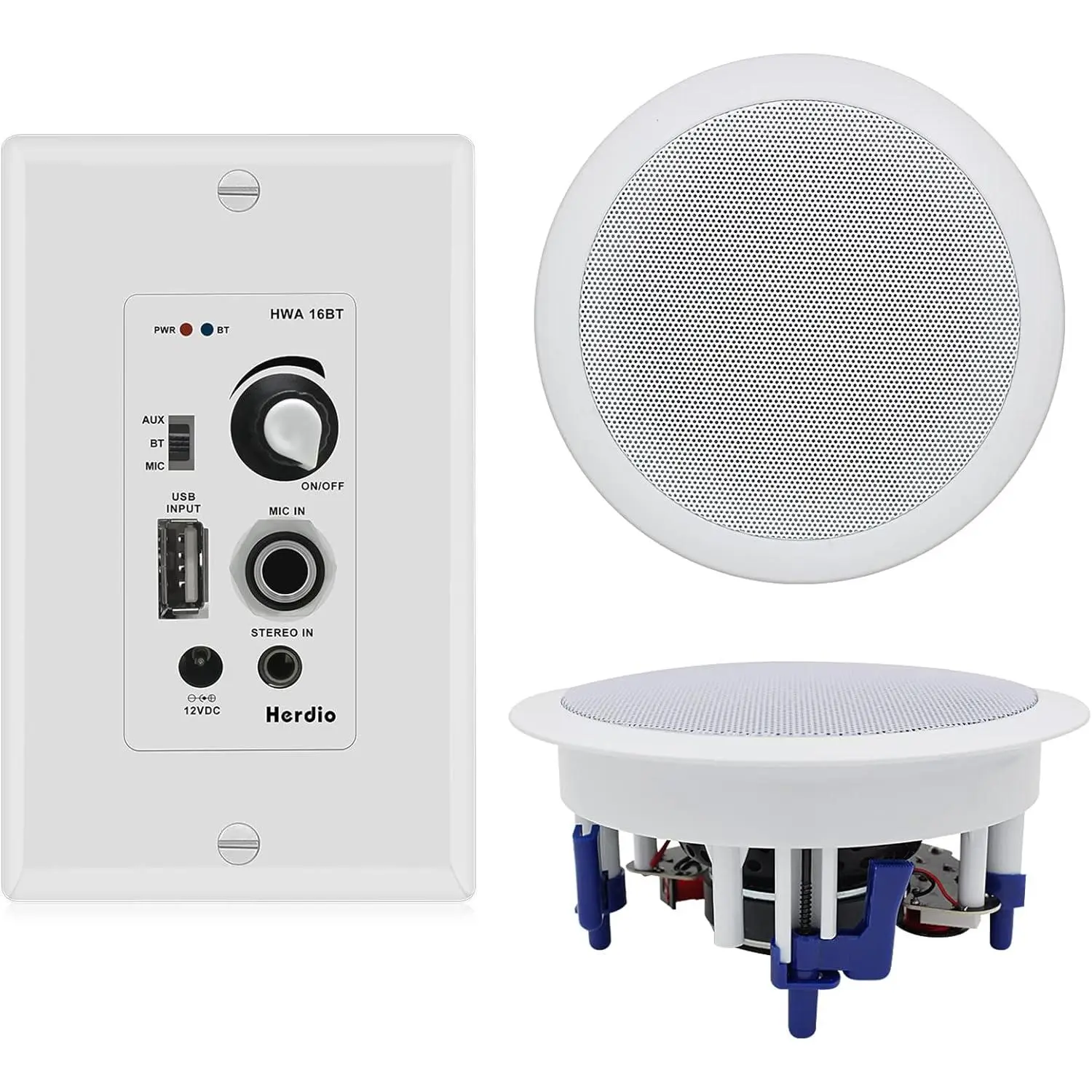 Herdio 5.25-in In-Ceiling Audio Speakers Pair (300W) - Set with Wall-Mounted Bluetooth Stereo Receiver, Amplifier, USB Charging Port, Memory Custom Settings, Auxiliary Input, Ideal for Home Theater, Mobile Use, Auxillary Input