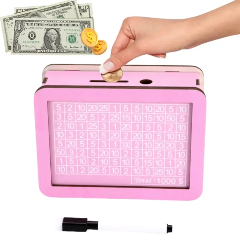 & Blue Wooden Piggybank Money Box Bank DIY Savings Jar, Reusable & Writable Coin and Paper Currency Holder, Cash Coin Jar Desktop Decoration Gift for Boys & Girls, Wooden Piggy Bank