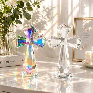 Aurora Borealis Iridescent Crystal Standing Cross Statue - Faceted Cut Glass Figurine, Home Tabletop Decor, Christian Baptism Keepsake Gift