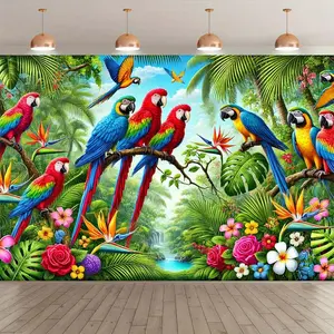 Vibrant Tropical Rainforest Photography Backdrop with Colorful Parrots Durable Polyester Tapestry for Indoor Outdoor Party Decor Studio Props Birthday Holiday Events No Electricity Needed