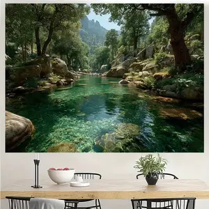1pc Extra Large Lake Forest Landscape Tapestry - Turquoise Waters, Lush Greenery & Mountain Backdrop - Realistic Nature Scene Wall Hanging for Living Room, Bedroom, Office, Party Decor - Self-Adhesive Wallpaper Replacement, No Installation Needed - Durabl
