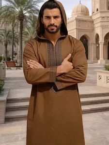 Men's Middle Eastern Traditional Clothing, Islamic Muslim Arabic Style Robe Modesty Authentic Saudi Thobe with Zipper Hood, Embroidered Long Gown for Eid & Kurban