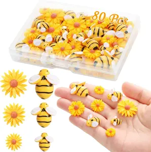 80 count   Bees Daisy , Flatback Daisy  Bumble Bees Embellishment Bee Decors with Box DIY Wreath Cake Decorations  Bee for Crafts Two Groovy Party Decor