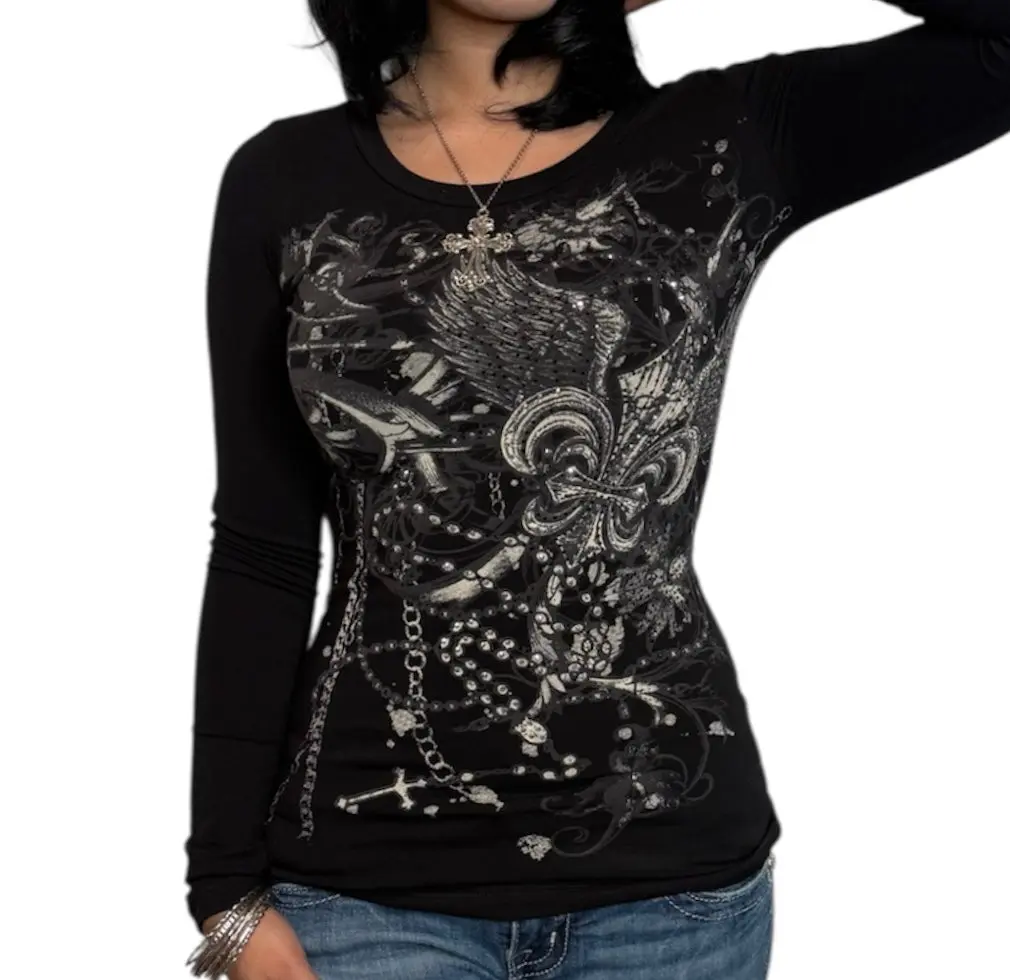 Bella Rhinestone Long Sleeve Black Cotton