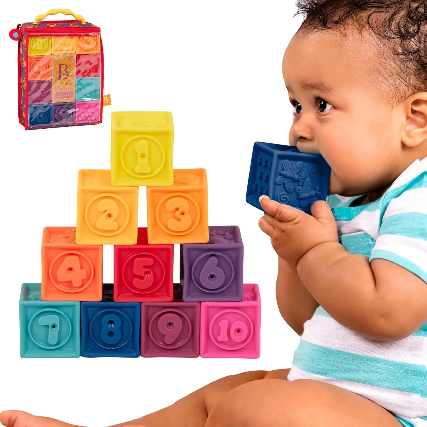 B. toys – Baby Blocks – Stacking  Building Toys For Babies – 10 Soft  Educational Blocks Numbers, Shapes, Colors, Animals One Two Squeeze 6 Months +