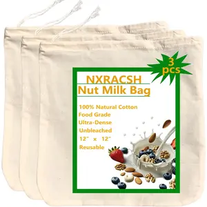 Nut Milk Bag,Cheese Cloths Bag for Straining,Unbleached Cotton Reusable Ultra-dense Cheesecloth Strainer Bag for Juicing Almond Oat Soy Milk Yogurt Butter Wine Cooking Jelly Turkey(3 pc,12"x 12")