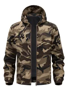 Men's Camouflage Printed Hooded Jacket Regular Zip Long Sleeve Pocket Drawstring Windbreak Spring Autumn Outdoor Top