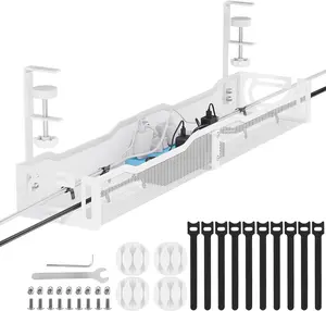Management, 25''  Management Under Desk No Drill, Metal Cord Organizer with Clamp for Standing Desk,  Organizer for  Office, White