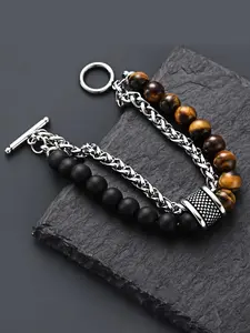 Men's Punk Beaded Bracelet with Artificial Tiger Eye Stones, Casual Style Leather Ot Clasp, Perfect for Daily Wear & Gifts, Exquisite Bracelet