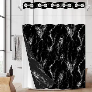 1pc hookless shower curtain with buckle lining, black and white lightning bolt pattern design, 2D flat printing, fabric waterproof lining, see-through double-layer shower curtain, 71 x 74 inches, modern home draping curtain, Bathroom Curtain