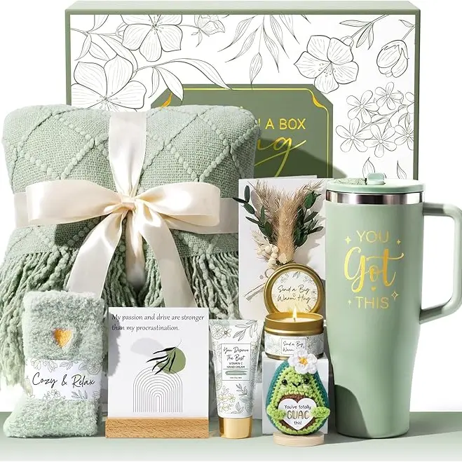 MAYICIVO Women's Luxury Soft Cuddly Gift Self-Care Kit Spa Set - 40oz Sage Green Tumbler (Leak-Proof Travel Lid, 12h Hot Drinks), Handmade Avocado, Dried Flower Card (Postpartum, Mom Birthday Gifts, 52x67 inches)