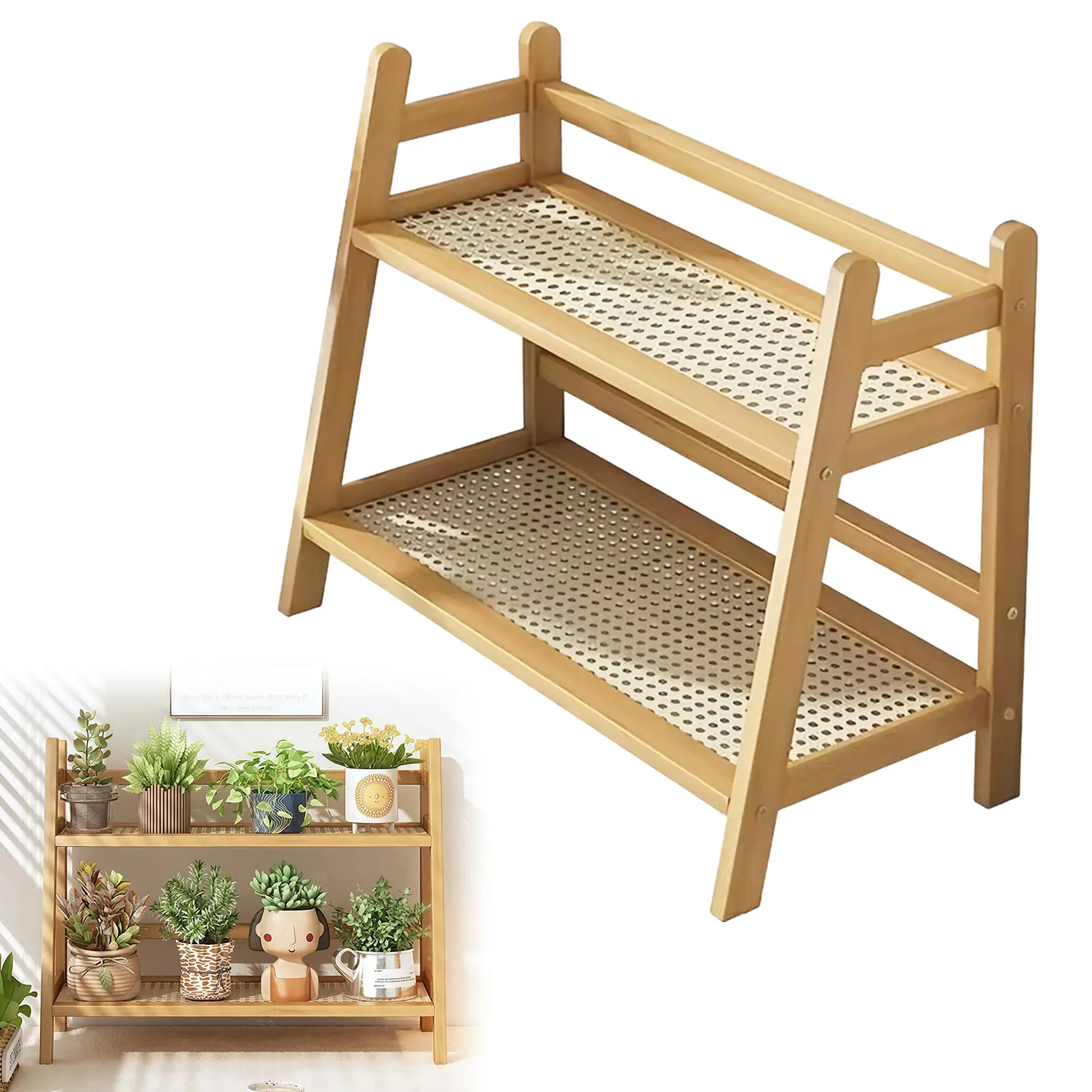2-Tier Rattan Look Standing Shelf Desk Organizer - Multifunctional Storage Rack for Home Office, Kitchen Families, Home Supplies (Books, Spice, Mug Holder), Office Accessories