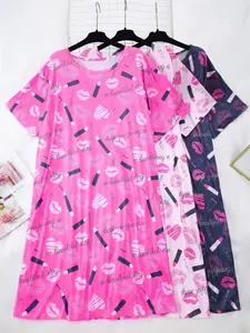 【Plus Size】 All Over Print Drop Shoulder Nightdress, Breathable Sleep Dress, Casual Comfy Short Sleeve Round Neck Nightgown for Women, Women's Sleepwear for All Seasons