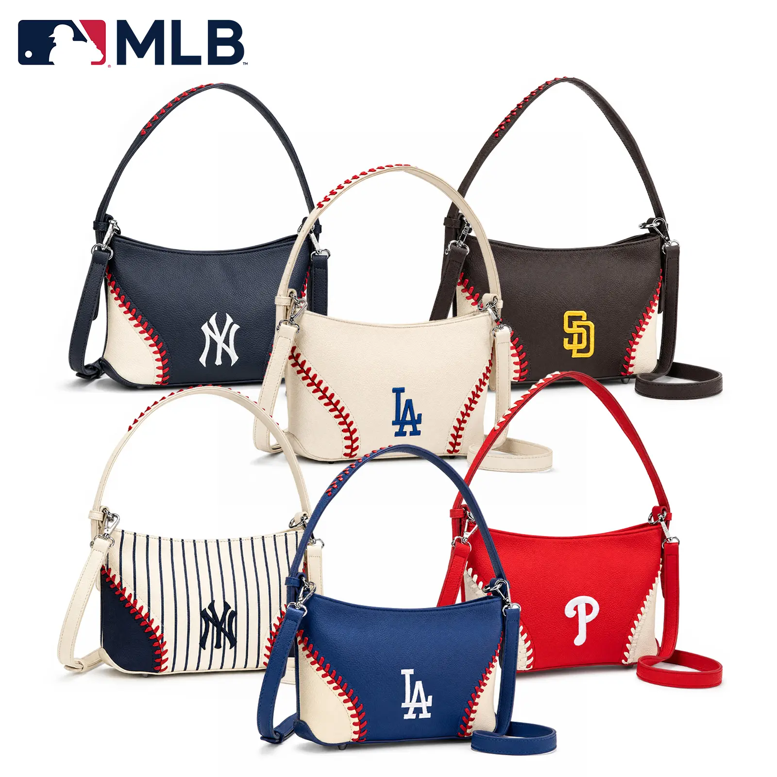 Montana West Women's MLB Crossbody Bag, Sporty Chic Baseball Stitch Pebbled PU Leather Purse with Top Handle and Detachable Strap for Game Day, Athletic, Pebbled Pu Texture