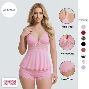 LUMENNEST Women's Chic Adjustable Thin Strap Lace Trim Camisole & Shorts Co-ord, Soft Comfort Lace Series Top & Shorts PJ Lounge 2-Piece Set