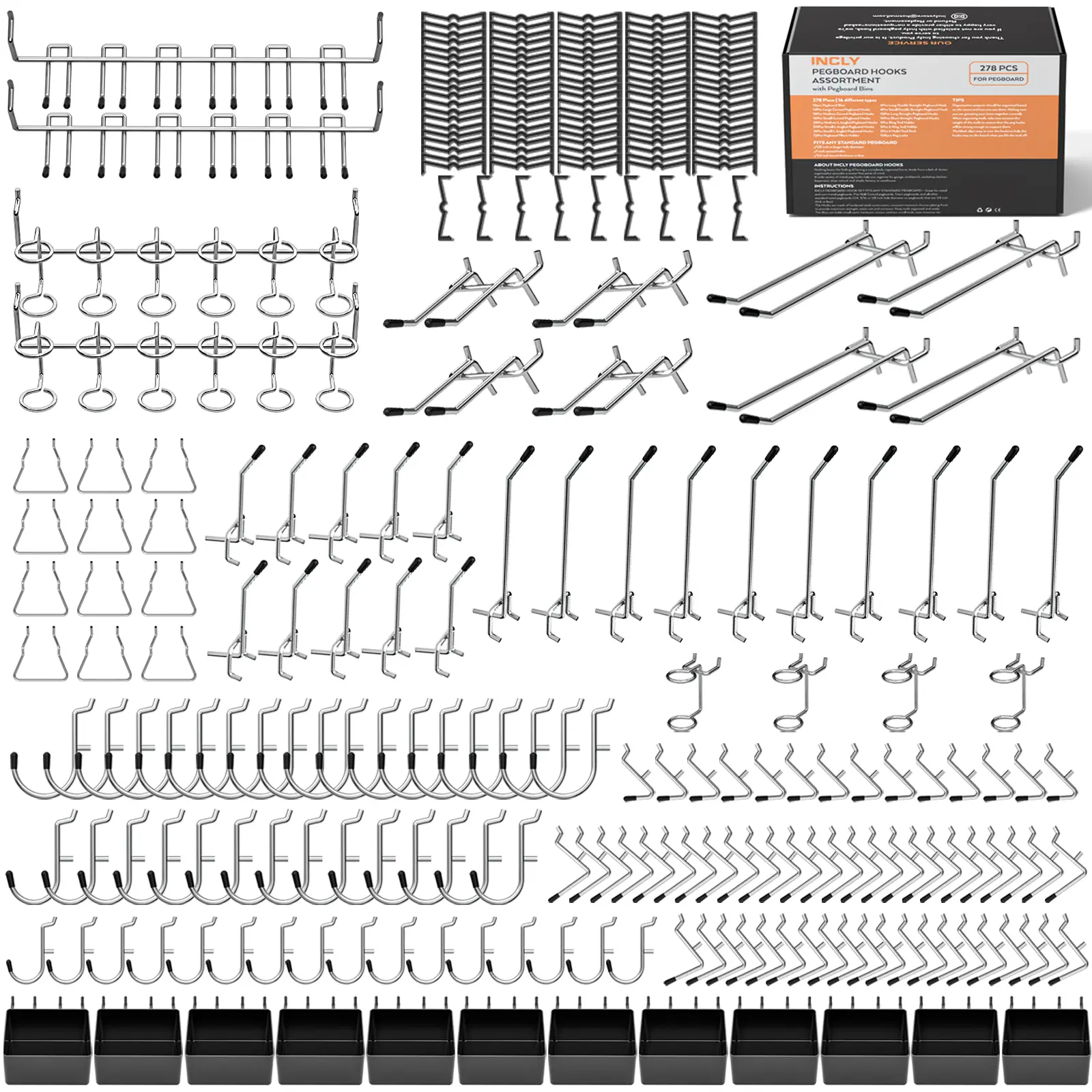 INCLY 278 Packs Pegboard Accessories Organizer Kit, Peg Board Hooks Assortment with Bins for Organizing Various Tools, Fit 1/8 or 1/4 inch Pegboard for Hanging Storage, Garage Wall Attachments