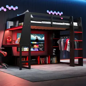 Twin Size Gaming Loft Bed with Desk, Wood Loft Bed Frame with Multi-storage Shelves, LED and a Hanging Clothes Rack, For Teens Adults