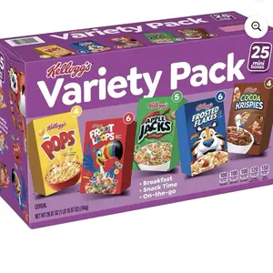 Assorted Cereal Variety Pack 25 pk. Includes Pops, Frosted Flakes, Apple Jacks & Cocoa Krispies for Breakfast & Snack Time