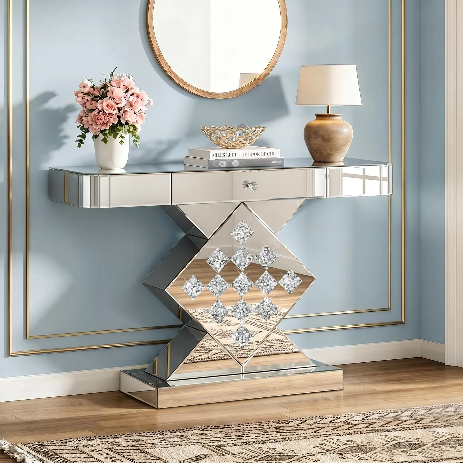 39.37in Mirrored Console Table with Storage Drawer Crushed Diamond Inlay X-Shaped Mirror Entryway Table Gloss Glass Sofa Side Accent Table for Hall Living Room Local Delivery