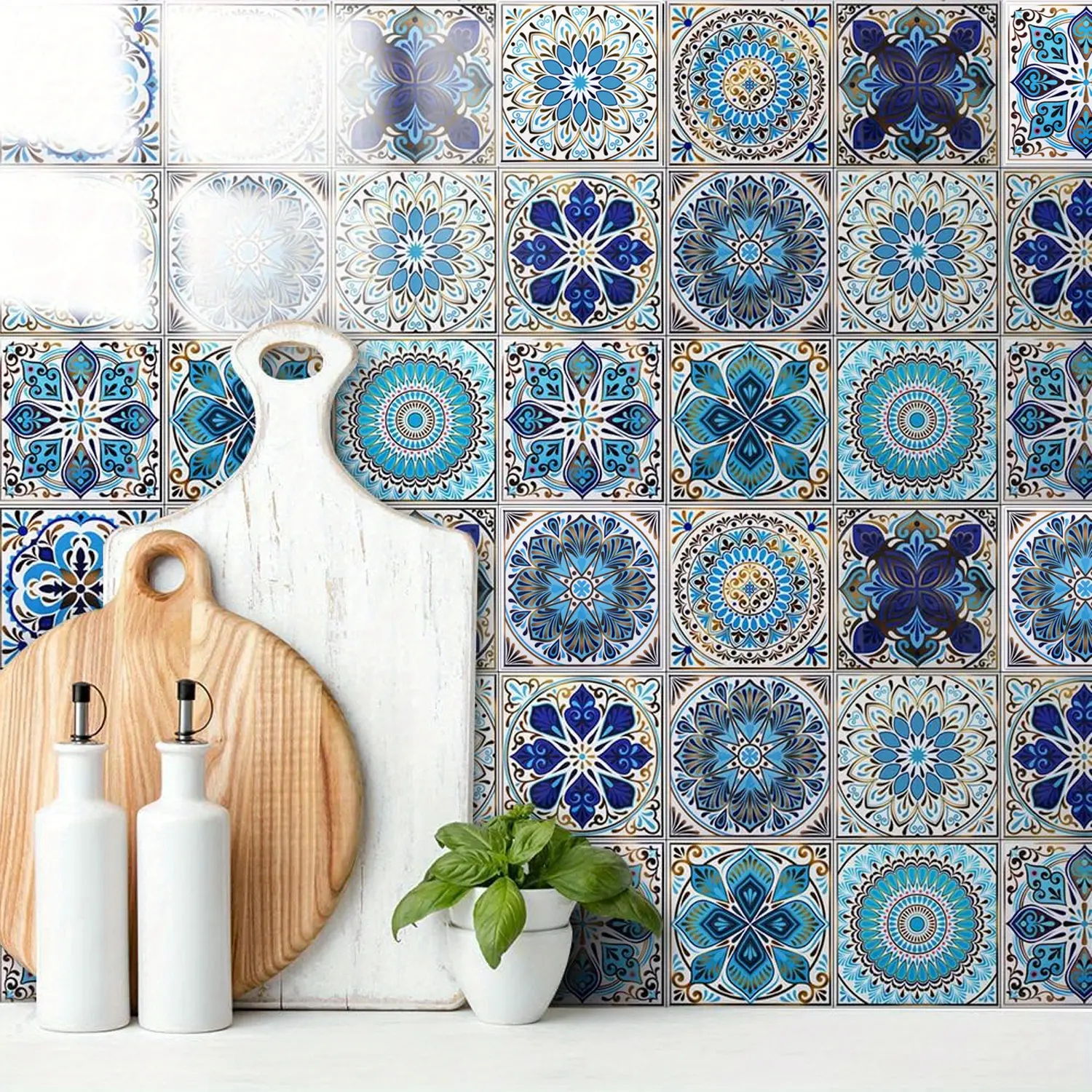 20pcs 4x4in Self-Adhesive Blue Mandala Art Stickers - Waterproof Vinyl, Classic Flashing Whimsical, Renter-Friendly Multi-Surface Decorative Houndstooth Sticker Decorations, Whimsical Room Decor for Tile Accents