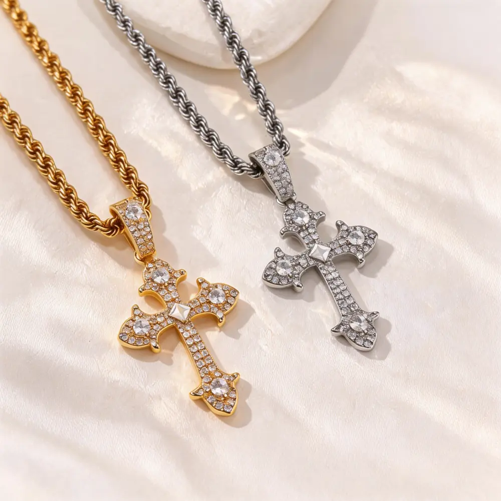 Eternal Cross Necklace | Iced Out Pendant | Gold & Silver | jesus cross pendant necklace Golden Crown Cross Pendant Necklace Necklacke Neck Jewelry
