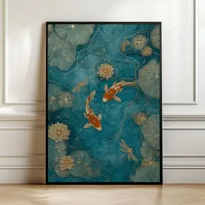 Elegant Koi Fish Wall Art, Emerald Green Pond Decor, Asian Zen Print, Gold Lotus, Dragonflies, Serene Japanese Prin