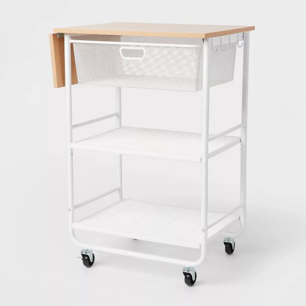 Brightroom Modern Plastic Steel Wood 3 Shelves Hooks Storage Rolling