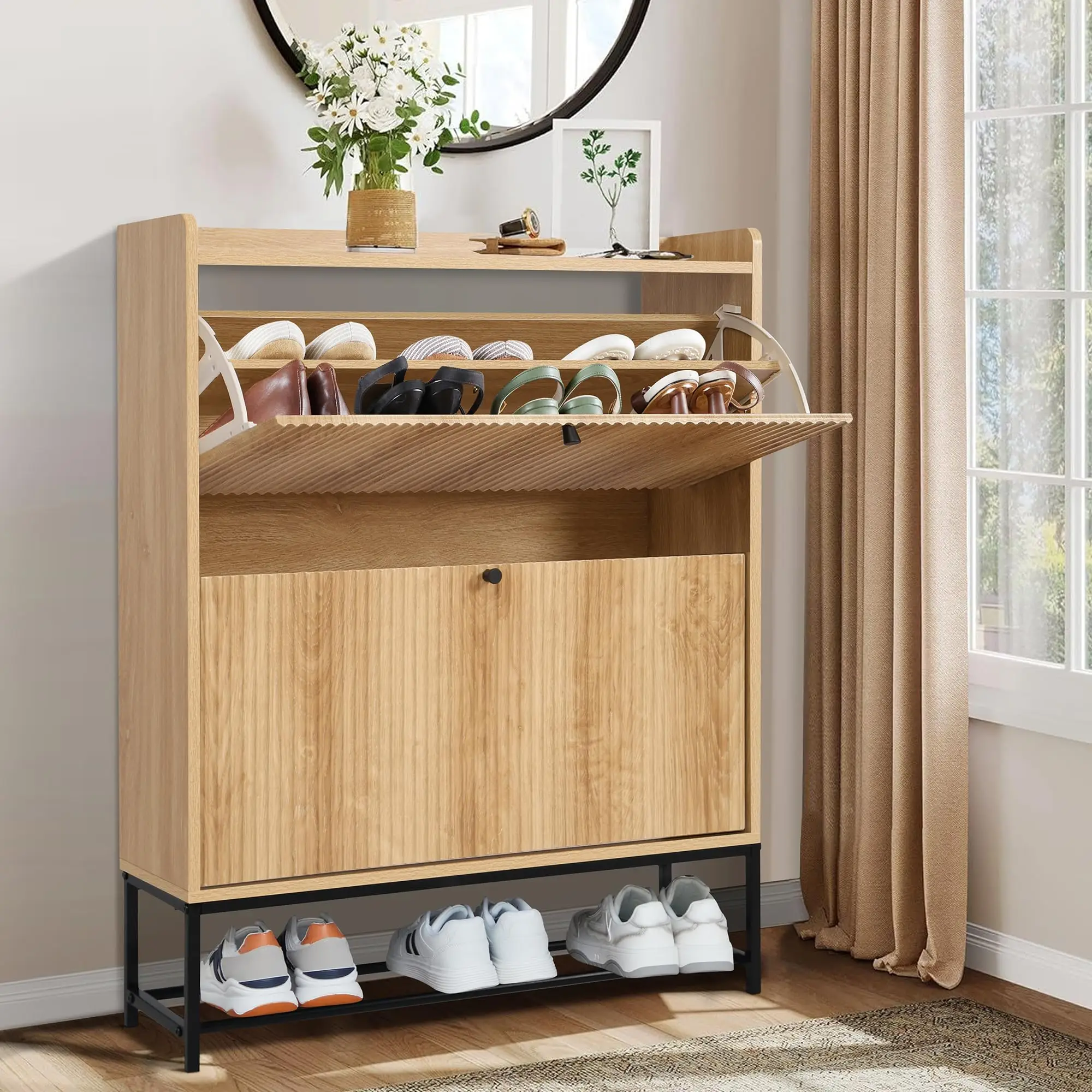 Giratree Fluted Shoe Cabinet with 2 Flip Drawers, Modern Slim Shoe Storage Organizer, Narrow Entryway Shoe Rack, Tipping Shoe Cabinet with Metal Legs