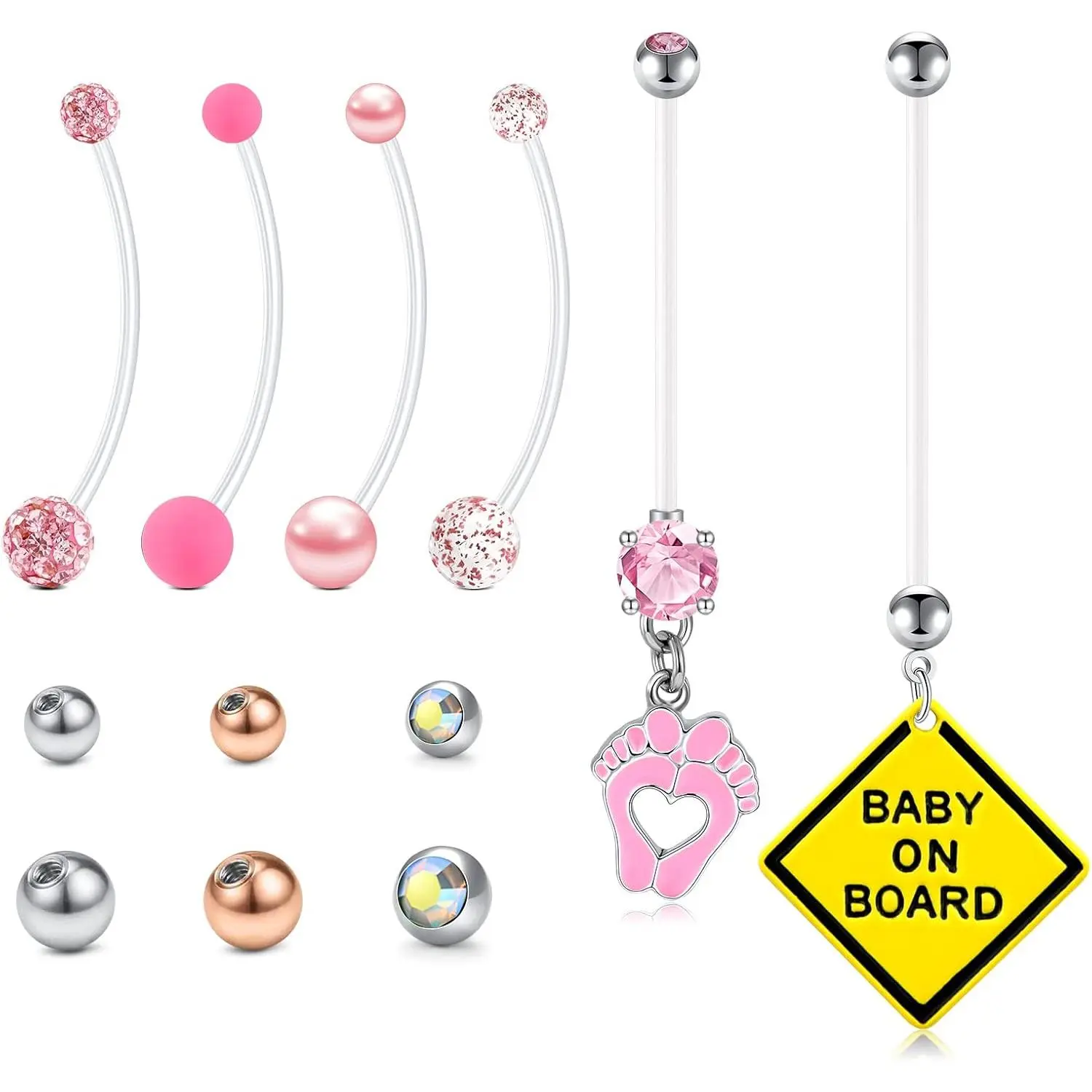 Maternity Plastic Belly Button Rings - Flexible Long Bars (18mm/25mm/32mm/35mm/38mm) with Replacement Balls for Mothers & Females, Casual/Sport Belly Rings for Friends