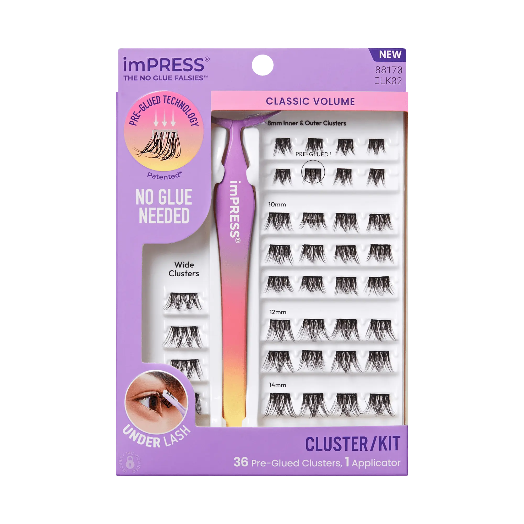 Impress Falsies Pre-Glued False Eyelashes Starter Kit - Classic Volume | 36 Lash Clusters, With Applicator, 12mm-14mm