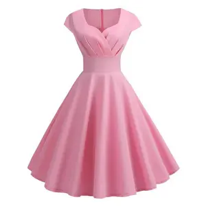 Pink Summer Dress Women V Neck Vintage Robe Elegant Retro pin up Party Office Midi Dresses
