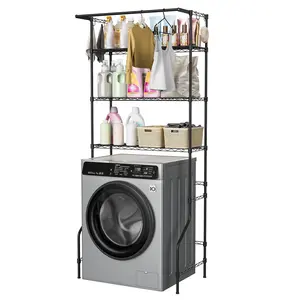 Explorinox Over Washer and Dryer 3-Tier Storage Organizer, Metal Freestanding Laundry Room Shelf Unit with Adjustable Height, Hanger Rod & Hooks, 33.46" L x 19.69" W x 77.95" H, Black
