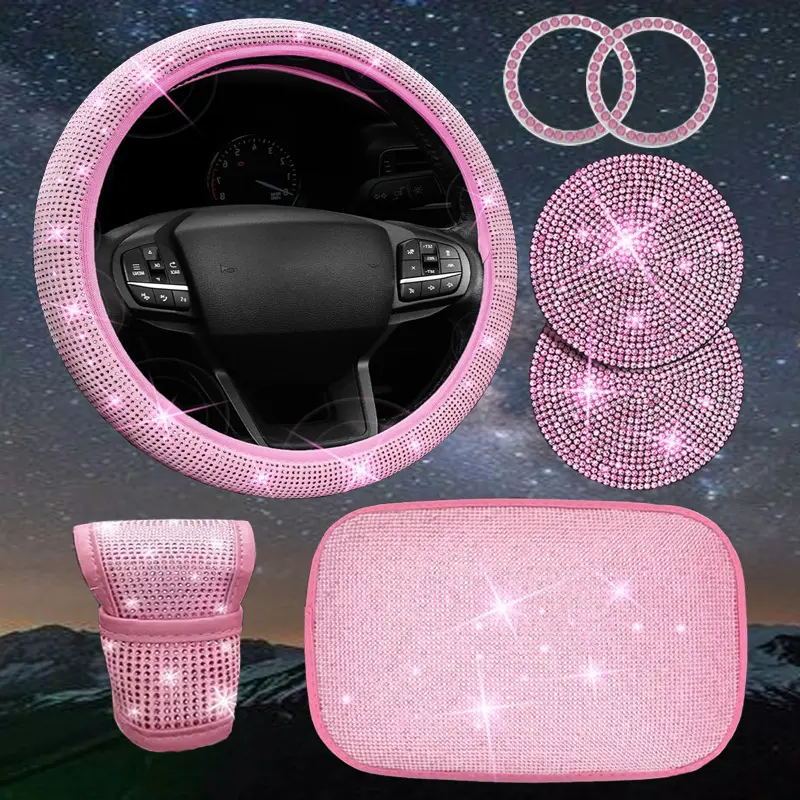 7 Piece Car Interior Accessories Set, Diamond Embellished Steering Wheel Cover, Gear Shift Knob, Cup Holder Pad, Armrest Cushion, Car Interior Decor, Girly Car Interior Sets, Decoration