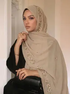 1pc Embroidered Floral Long Scarf, Head Scarf, Muslim Turban, Chiffon Fabric, Breathable, Geometric Print, Boho Style, Chic, Summer Hijab