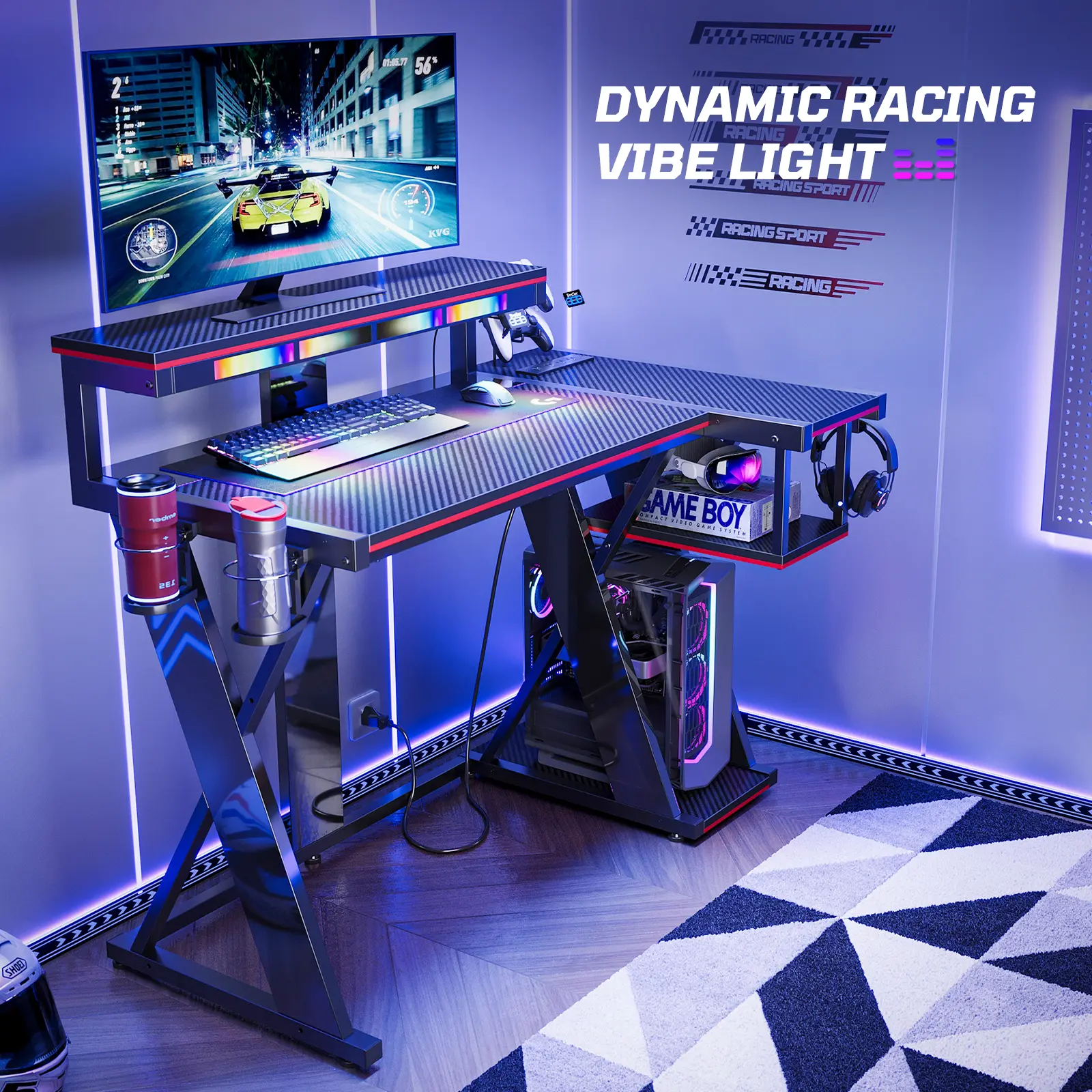 Bestier 42-in Black-on-Black L-Shaped Gaming Desk, RGB Lighting Music Sync, 3 AC Outlets, Dual Foldable Cup Holders, Dual Monitor Stand, Spacious Desks for Gaming Layout