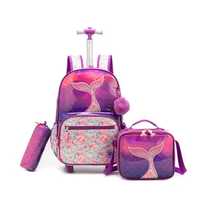 Kids Leather Material Mermaid Rolling Backpack for Girls Trolley Suitcases Luggage Travel with Wheels Bookbag Wheeled 3PCS Roller Backpacks Set School Bags Elementary Teenagers Purple outdoorfun