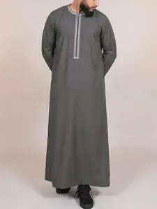 Muslim Men's Thobe with Embroidered Zipper Design, Islamic Arabic Style Traditional Clothing for Festivals and Ramadan Gifts