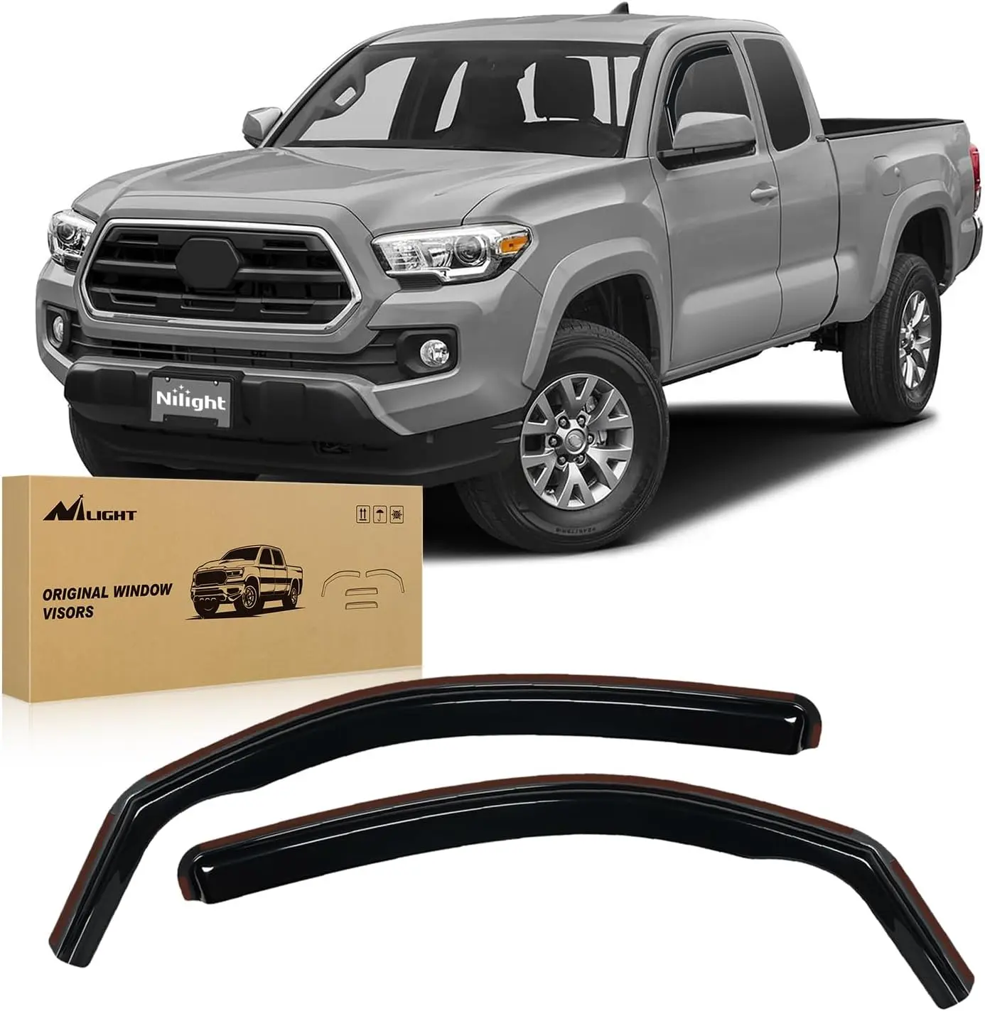 Nilight In-Channel Window Deflectors - 2 Pcs Vent Rain Guards Sun Visor Vehicle Accessories, Tool-Free Install with 78inch Double-Sided Tape, All Weather Fit for Toyota Tacoma Access Cab/Double Cab 2016-2024 Truck Exterior
