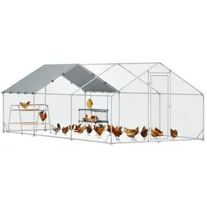 PawHut Large Metal Chicken Coop with Nesting Box, Walk in Chicken Run with Waterproof & Anti-UV Cover, Outdoor Duck Cage Rabbit Hutch Pen with Roosting Bar, for 18-24 Poultries, 9.8' x 19.7' x 6.4'