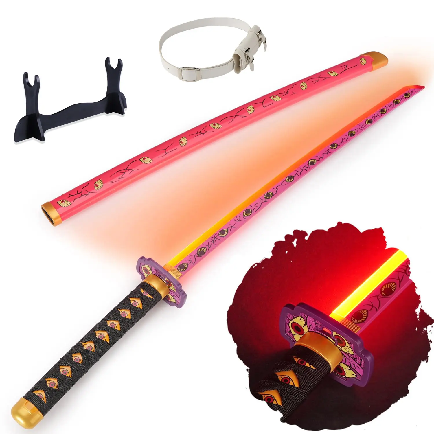 41-Inch Light Up Kokushibou Cosplay Sword - Demon Slayer Plastic Replica with Belt, Display Stand, 1.1 lb LED Sword for Anime Collectors, Birthday Gift, Christmas Gift Decoration
