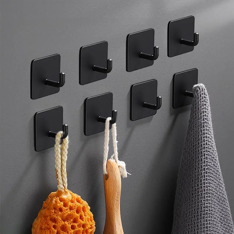 Adhesive Hooks for Hanging, Self-Adhesive Wall Hook for Key Hat Coat, No Drill Stick on Bathroom Towel Hooks, Shower Kitchen Door  Outdoor 8 Pack, Black