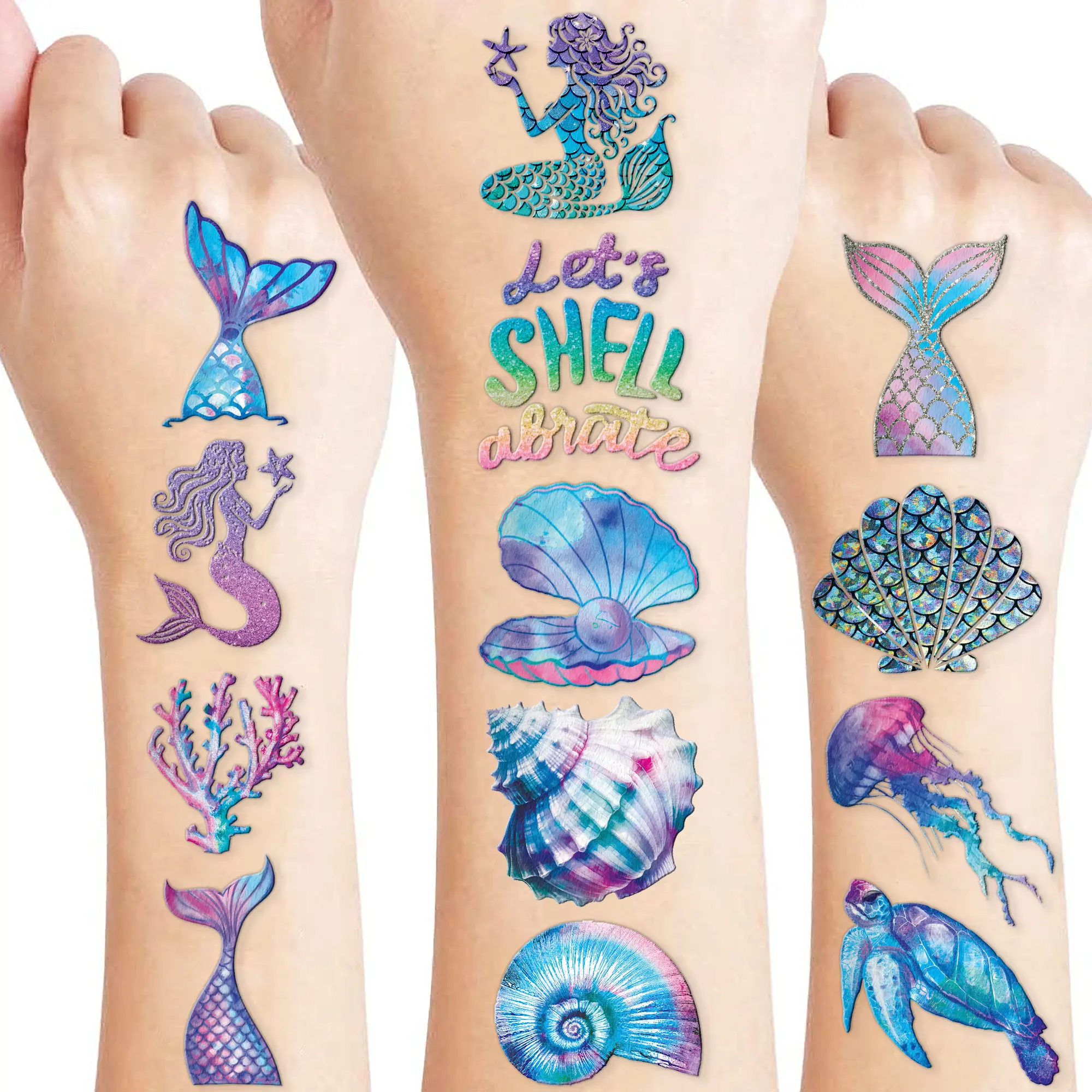 120 PCS Mermaid Ocean Sea Pre-Cut Temporary Tattoos for Kids | Super Cute Themed Birthday Party Favors, Supplies, Decorations, Purple Fake Tattoo Stickers, Gifts for Boys Girls Rewards